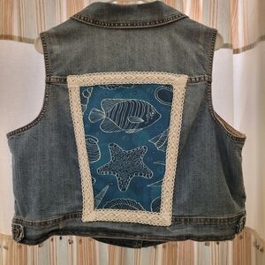 Upcycled Vintage Denim Vest With Fish